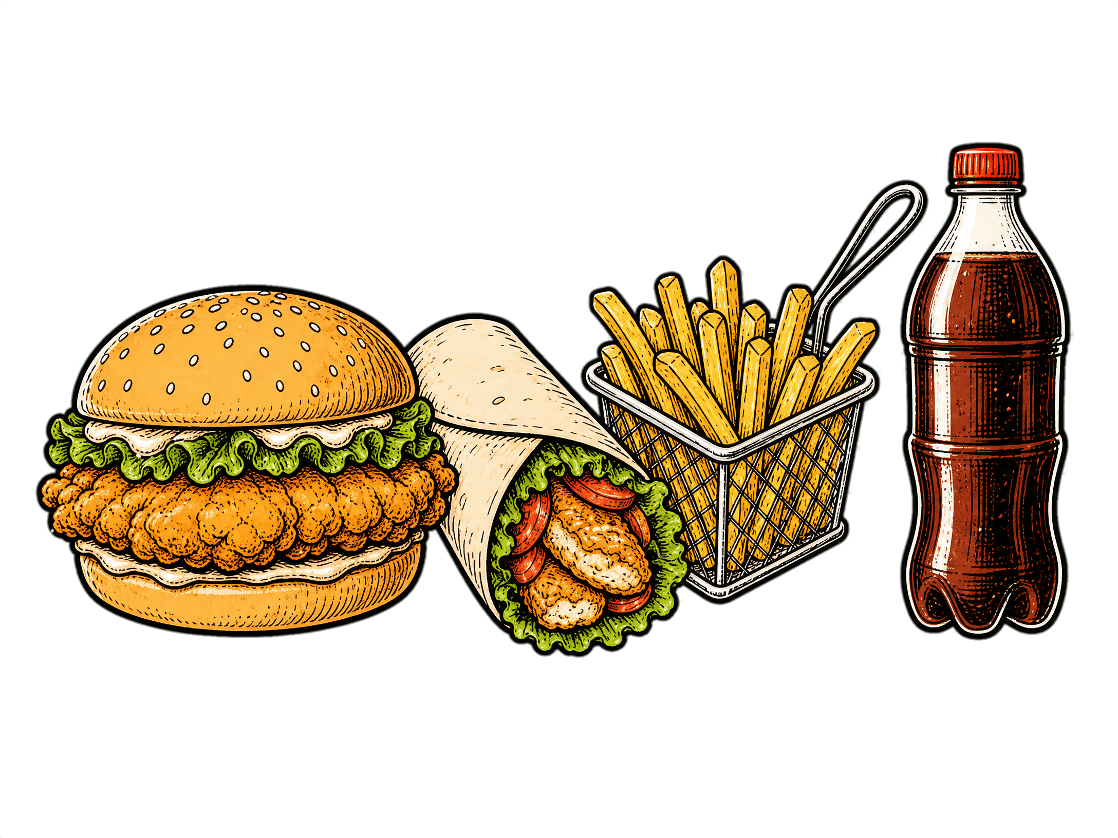 Burger, wrap, fries and cola