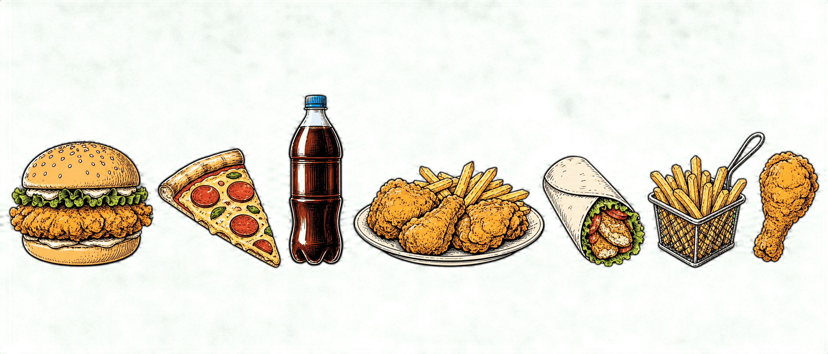 Hand-drawn burgers, pizza, cola, platter, wrap, fries and chicken