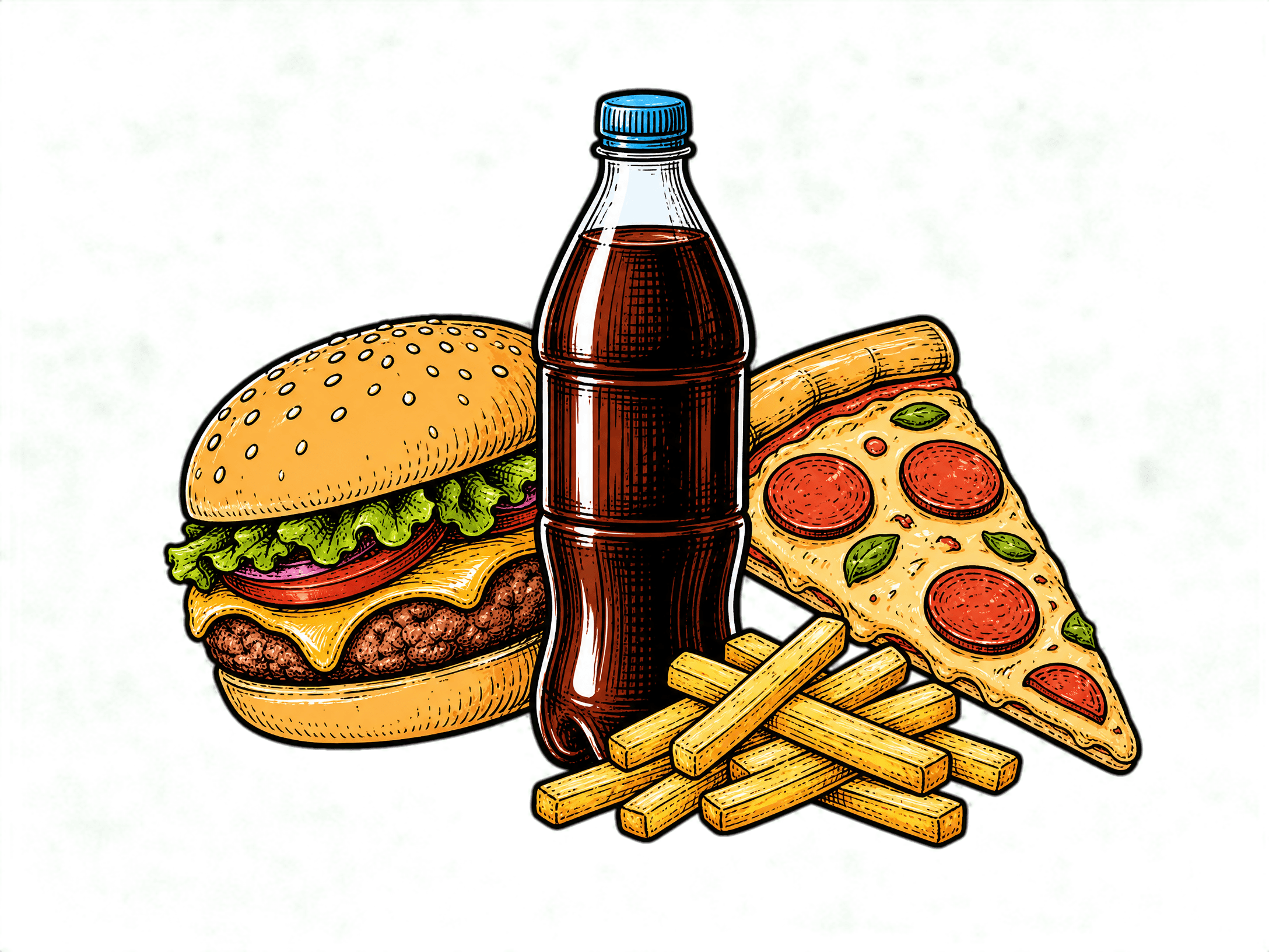 Burger, pizza, cola and fries